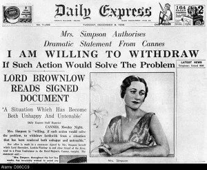 Mrs Simpson offers to 'withdraw', 8 December 1936. Article on the front page of the 'Daily Express' about American socialite